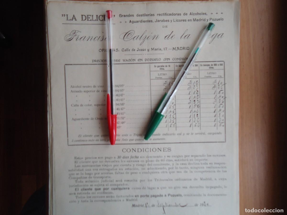 Facturas antiguas: factura destileria aguardiente licor 1920 pozuelo alarcon madrid vagon tren madrile&ntilde;o ferrocarril