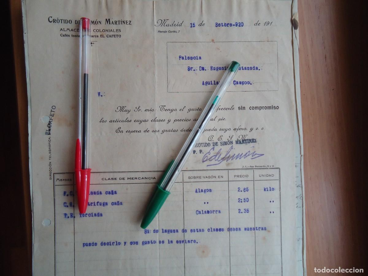 Facturas antiguas: factura crotido simon coloniales el cafeto 1920 madrid cafe tostado madrile&ntilde;o cafeteria cafeina