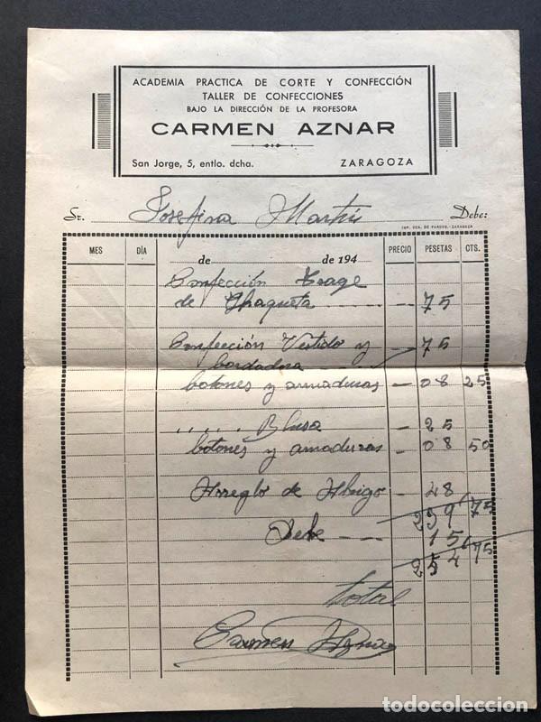 Facturas antiguas: ZARAGOZA A&Ntilde;OS 40 / CARMEN AZNAR / ACADEMIA DE CORTE Y CONFECCI&Oacute;N
