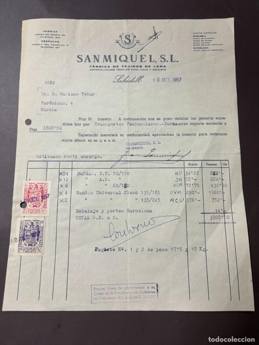 Facturas antiguas: FACTURA. SAN MIQUEL, S.L. F&Aacute;BRICA DE TEJIDOS DE LANA. SABADELL, 1957.