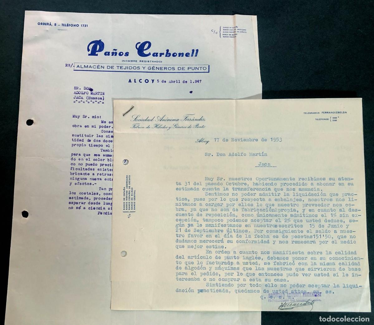 Facturas antiguas: ALCOY / PA&Ntilde;OS CARBONELL ( 1947 ) SOCIEDAD AN&Oacute;NIMA FERN&Aacute;NDEZ ( 1953 ) ALICANTE