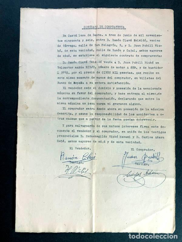 Facturas antiguas: CASTELLNOU DE SEANA ( LLEIDA ) A&Ntilde;O 1952 / VENTA ENTRE PARTICULARES MOTO RIEJU POR 5.000 PESETAS