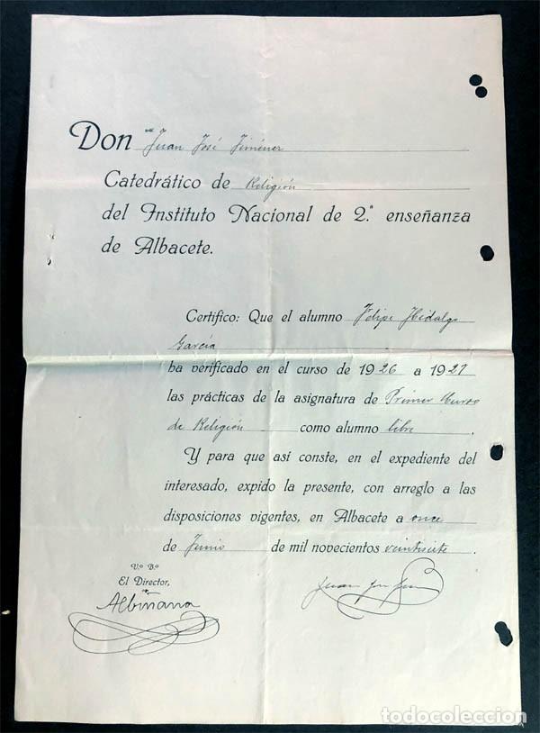 Facturas antiguas: ALBACETE 1927 / CERTIFICADO DE LAS PR&Aacute;CTICAS DE RELIGI&Oacute;N COMO ALUMNO LIBRE / 2&ordf; ENSE&Ntilde;ANZA
