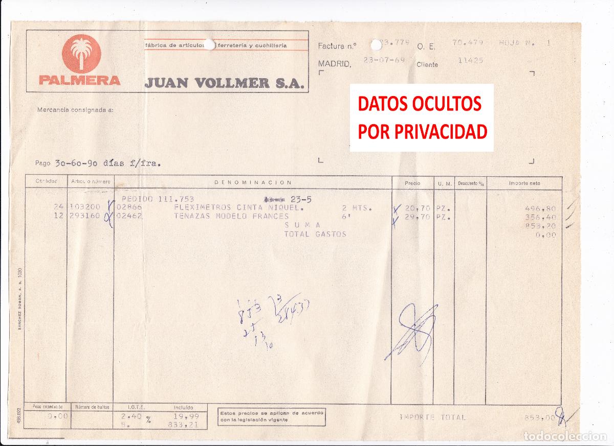Facturas antiguas: Factura Antigua 1969 Palmera Juan Vollmer S.A. Herramientas Ferreter&iacute;a Tenazas Fleximetros Madrid