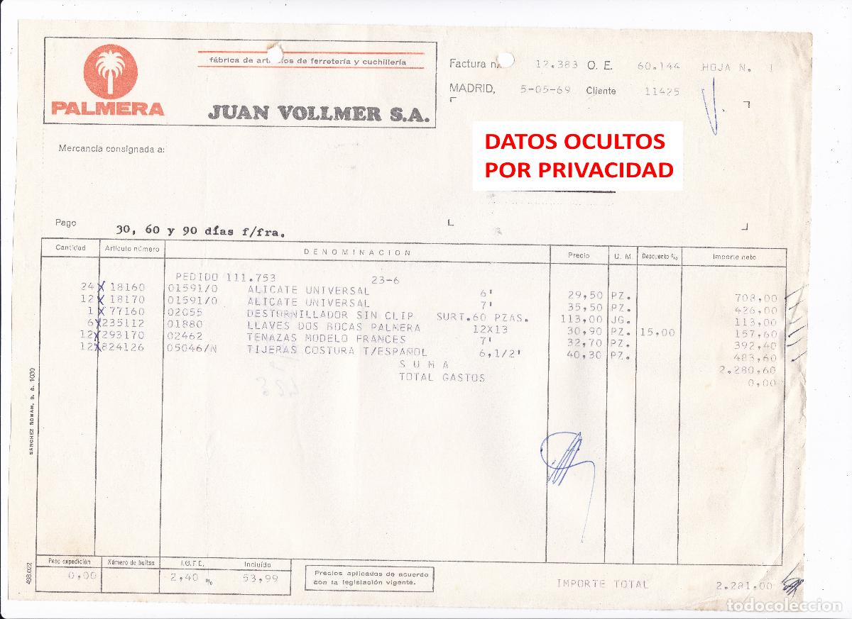 Facturas antiguas: Factura Antigua 1969 Palmera Juan Vollmer Alicates Llaves Tijeras Ferreter&iacute;a Madrid