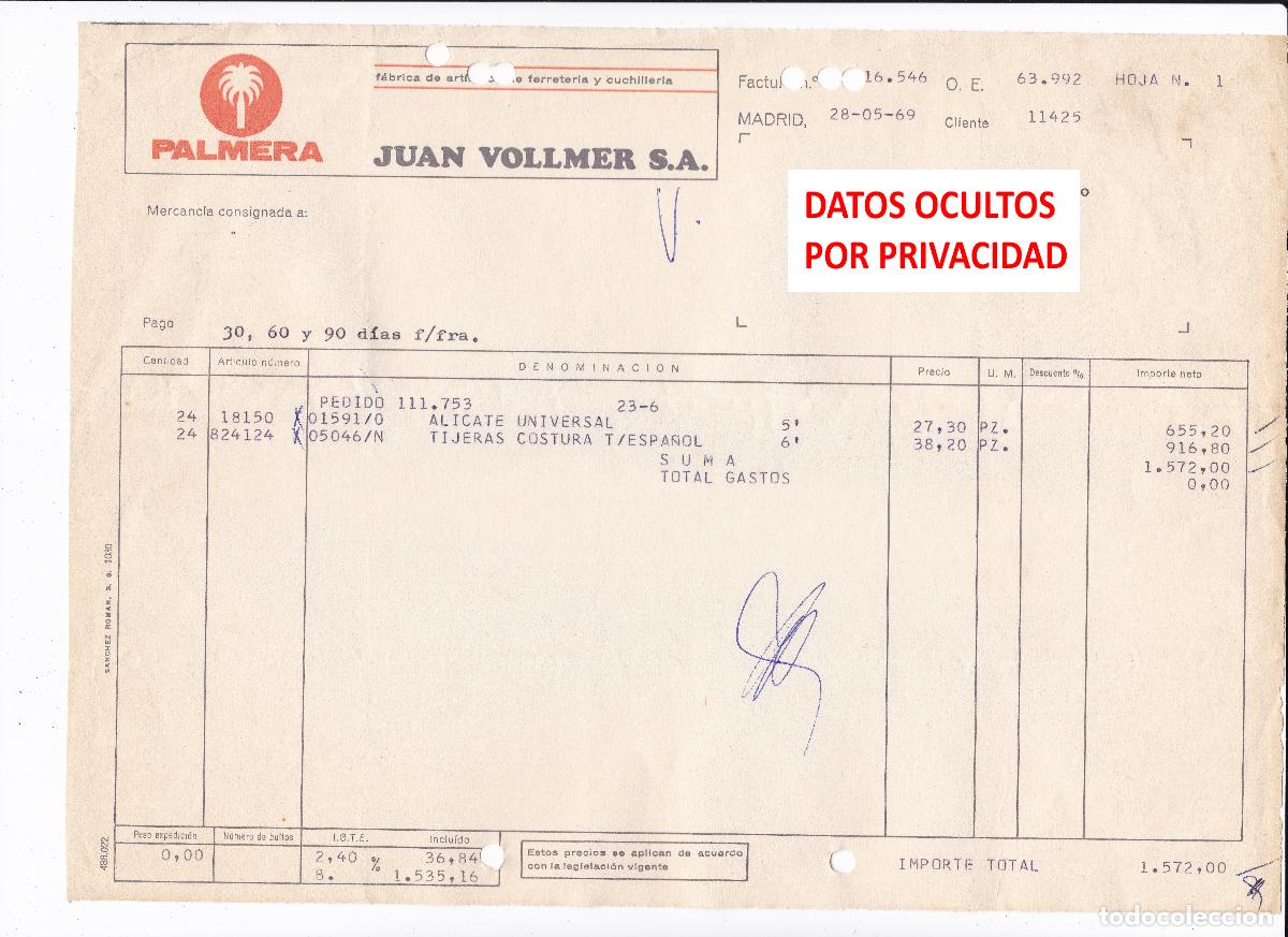 Facturas antiguas: Factura Antigua 1969 Palmera Juan Vollmer S.A. Alicates Tijeras Costura Ferreter&iacute;a Madrid