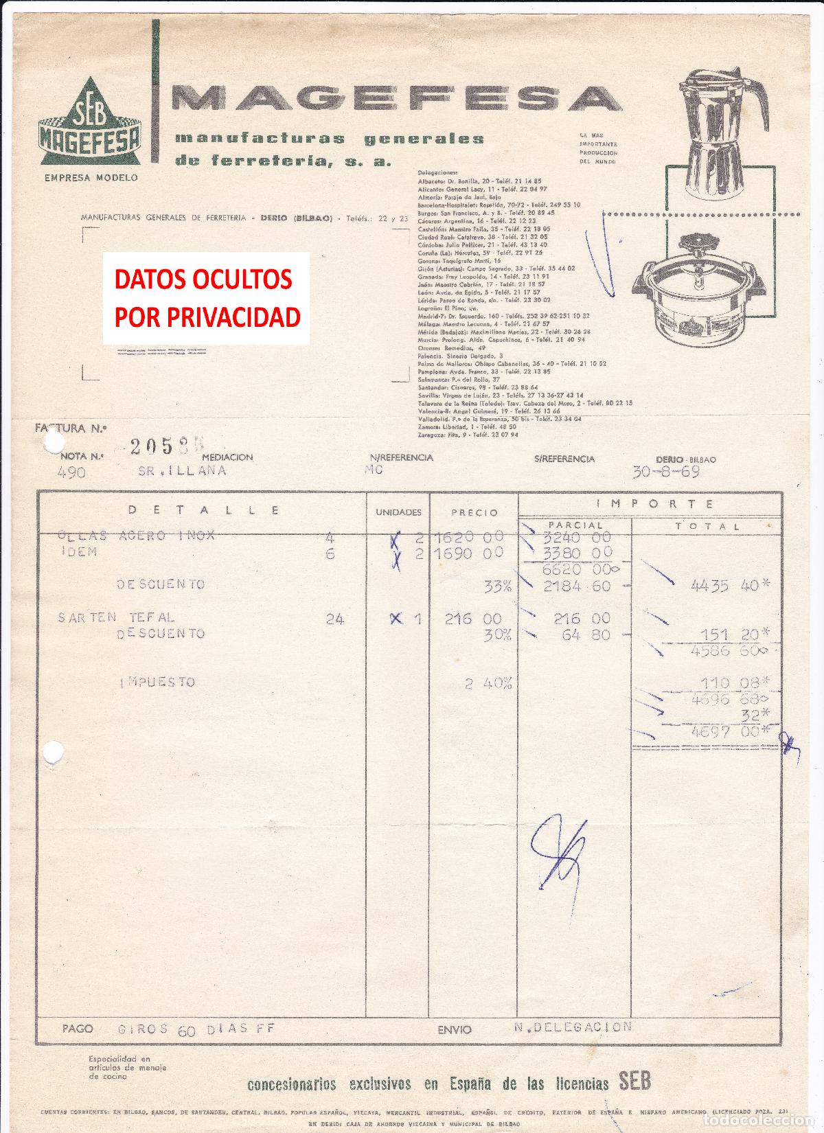 Facturas antiguas: Factura Antigua 1969 Magefesa Derio Bilbao Ollas Acero Inox Sarten Tefal Menaje Cocina