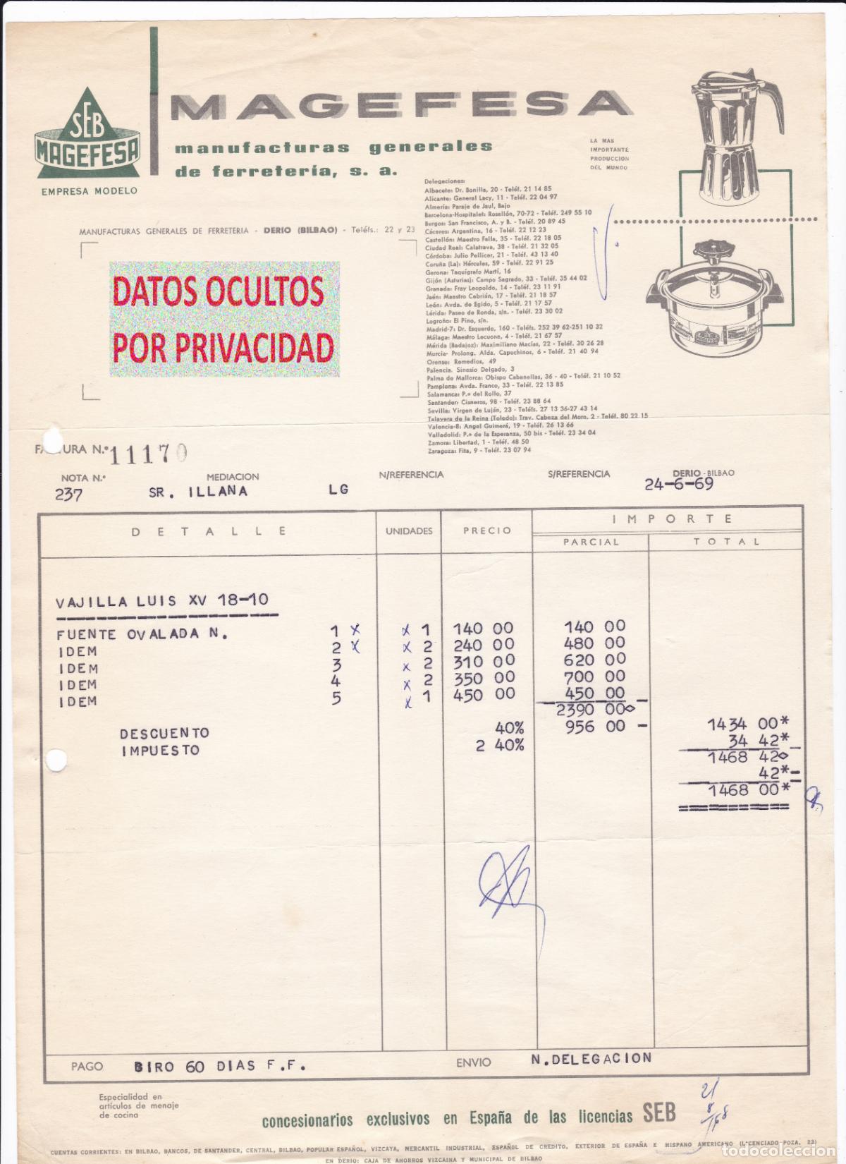 Facturas antiguas: Factura Antigua 1969 Magefesa Derio Bilbao Vajilla Luis XV Fuente Ovalada Menaje Cocina