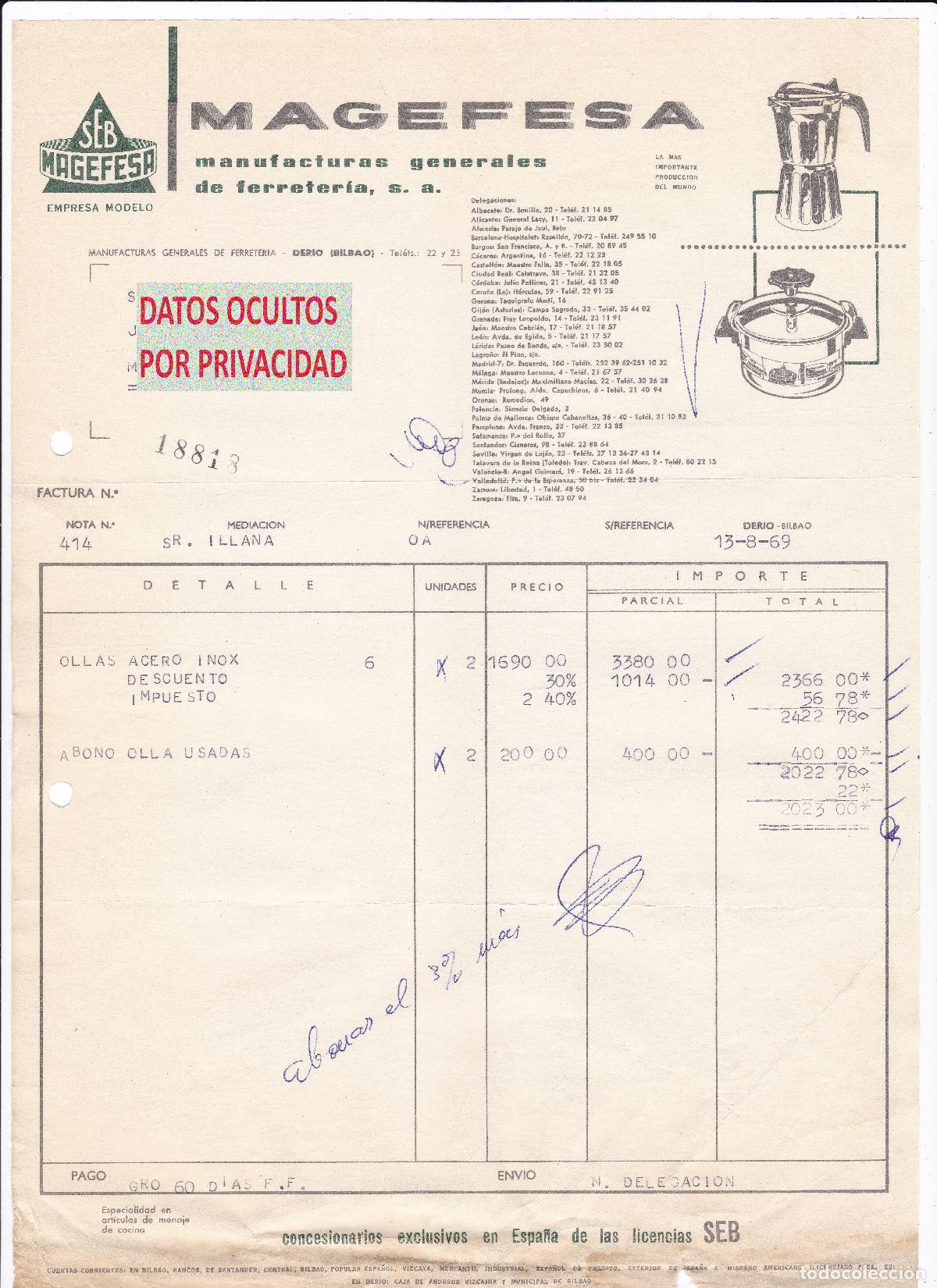 Facturas antiguas: Factura Antigua 1969 Magefesa Derio Bilbao Ollas Acero Inoxidable Abono Ollas Usadas