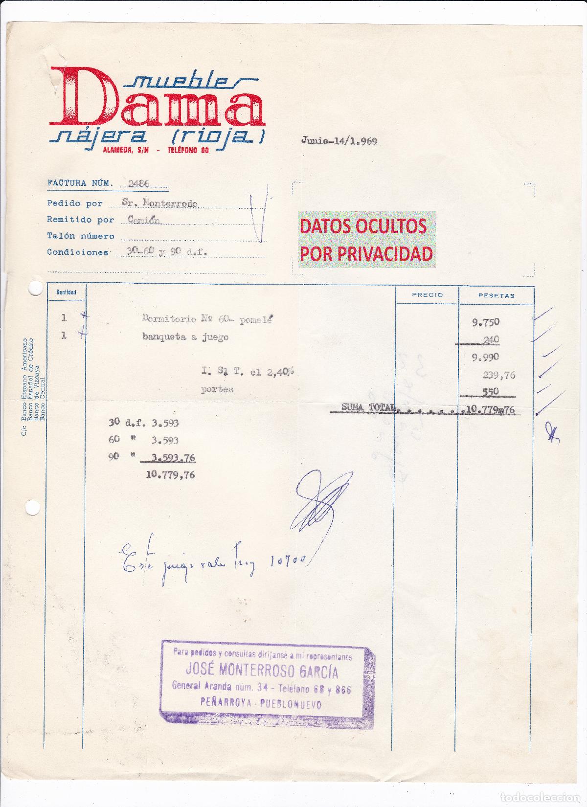 Facturas antiguas: Factura Antigua 1969 Muebles Dama N&aacute;jera La Rioja Dormitorio Banqueta Pe&ntilde;arroya C&oacute;rdoba