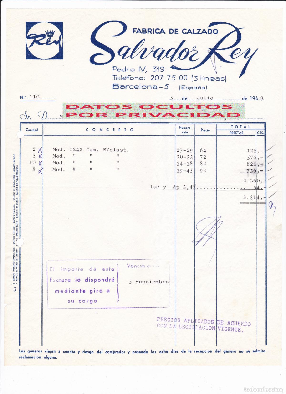 Facturas antiguas: Factura Antigua 1969 Fabrica Calzado Salvador Rey Barcelona Zapater&iacute;a Zapatos