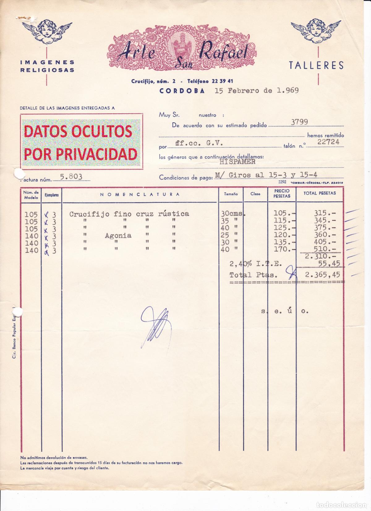 Facturas antiguas: Factura Antigua 1969 Arte San Rafael C&oacute;rdoba Crucifijo Agon&iacute;a Im&aacute;genes Religiosas