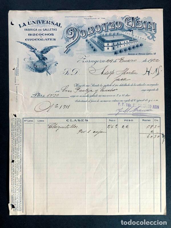 Facturas antiguas: ZARAGOZA 1922 / LA UNIVERSAL / F&Aacute;BRICA DE GALLETAS Y CHOCOLATES / DOROTEO AS&Iacute;N