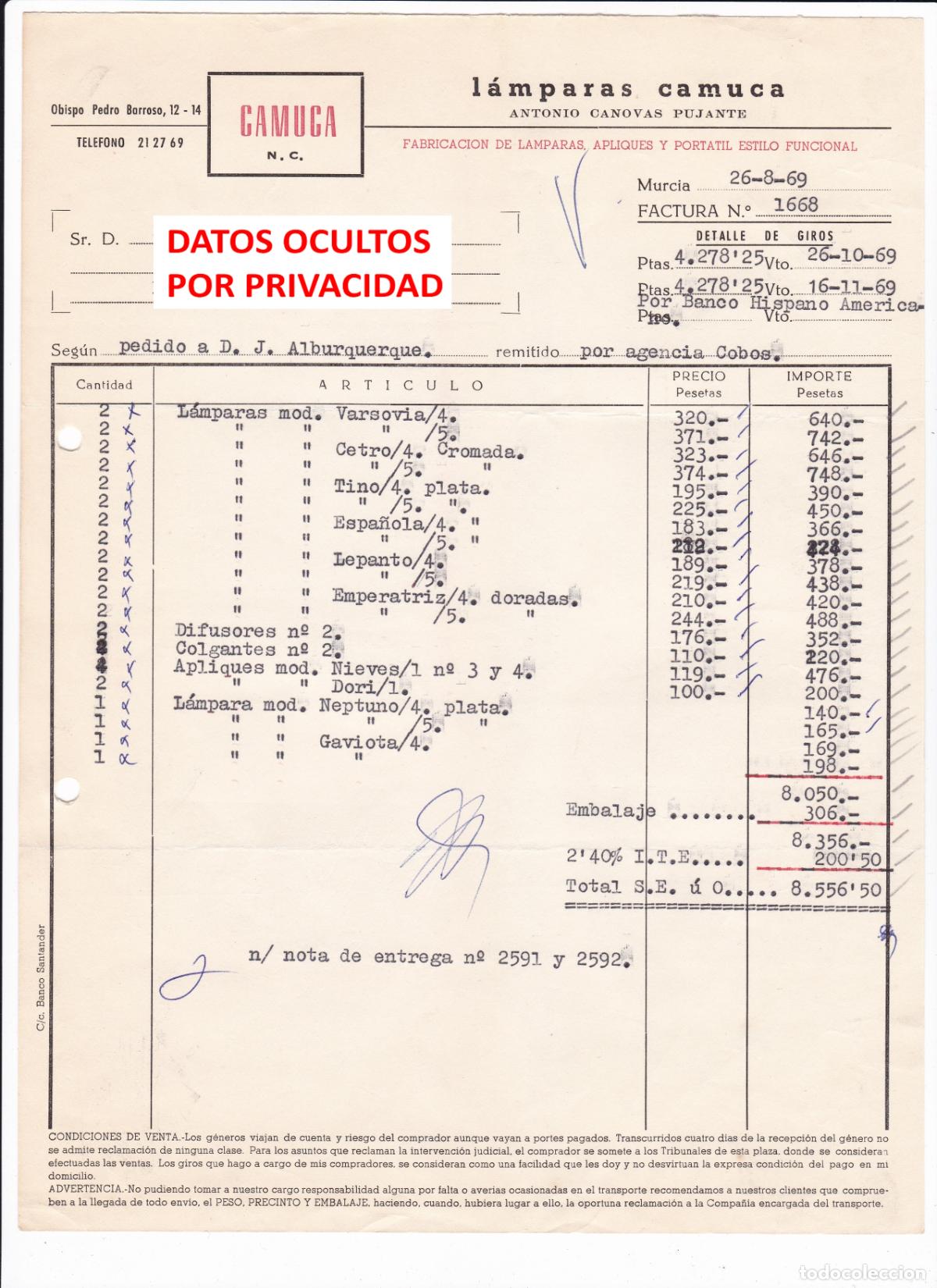 Facturas antiguas: Factura Antigua 1969 L&aacute;mparas Camuca Murcia Apliques L&aacute;mpara Varsovia Lepanto