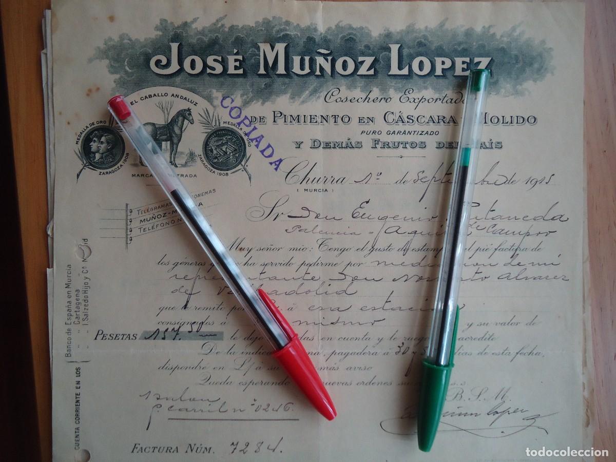 Facturas antiguas: jose mu&ntilde;oz churra murcia 1915 pimenton almendra pimiento azafran murciana levante huerta