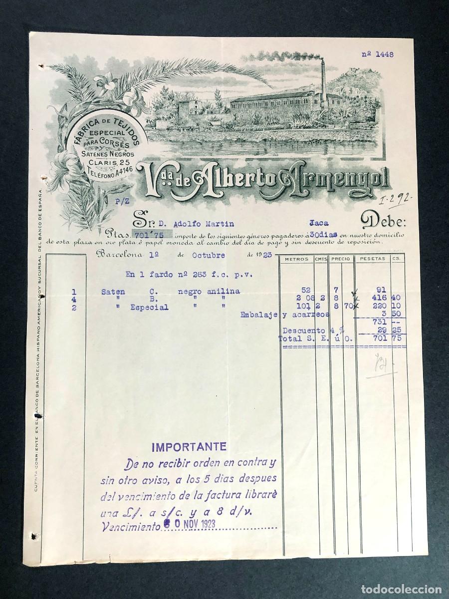 Facturas antiguas: BARCELONA 1923 / F&Aacute;BRICA DE CORSES / VDA. ALBERTO ARMENGOL