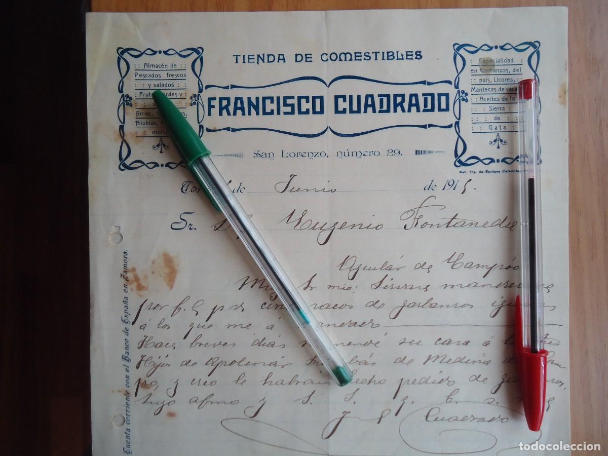 Facturas antiguas: cuadrado toro 1915 alfoz zamora comestibles garbanzo alubia arroz licor aceite gata manteca vaca