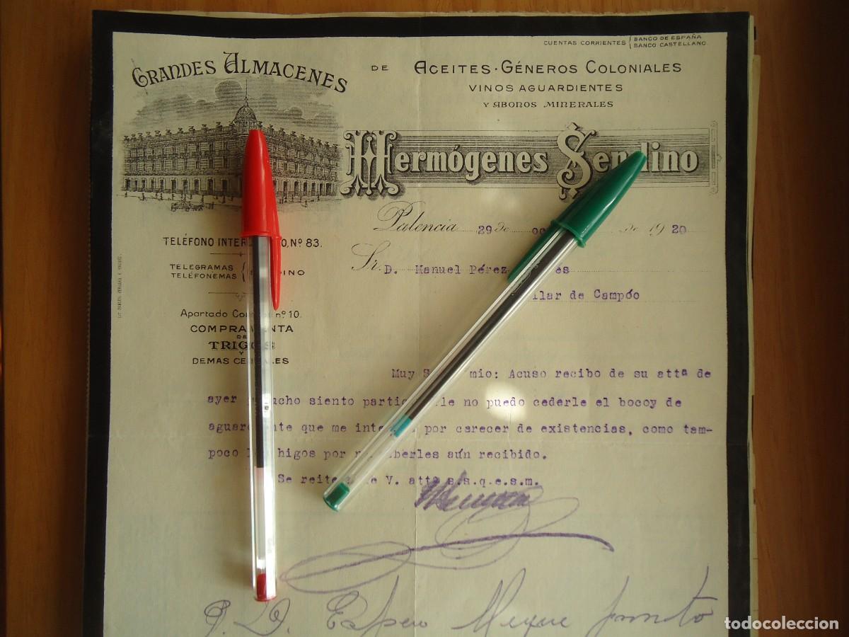 Facturas antiguas: aceite vino coloniales hermogenes sendino palencia 1920 trigo abono mineral cereal palentino castill