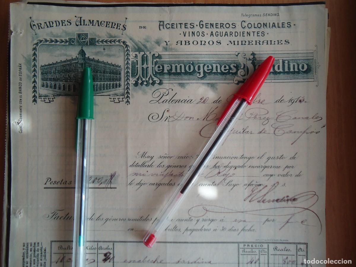 Facturas antiguas: aceite vino coloniales hermogenes sendino palencia 1913 trigo abono mineral cereal palentino castill