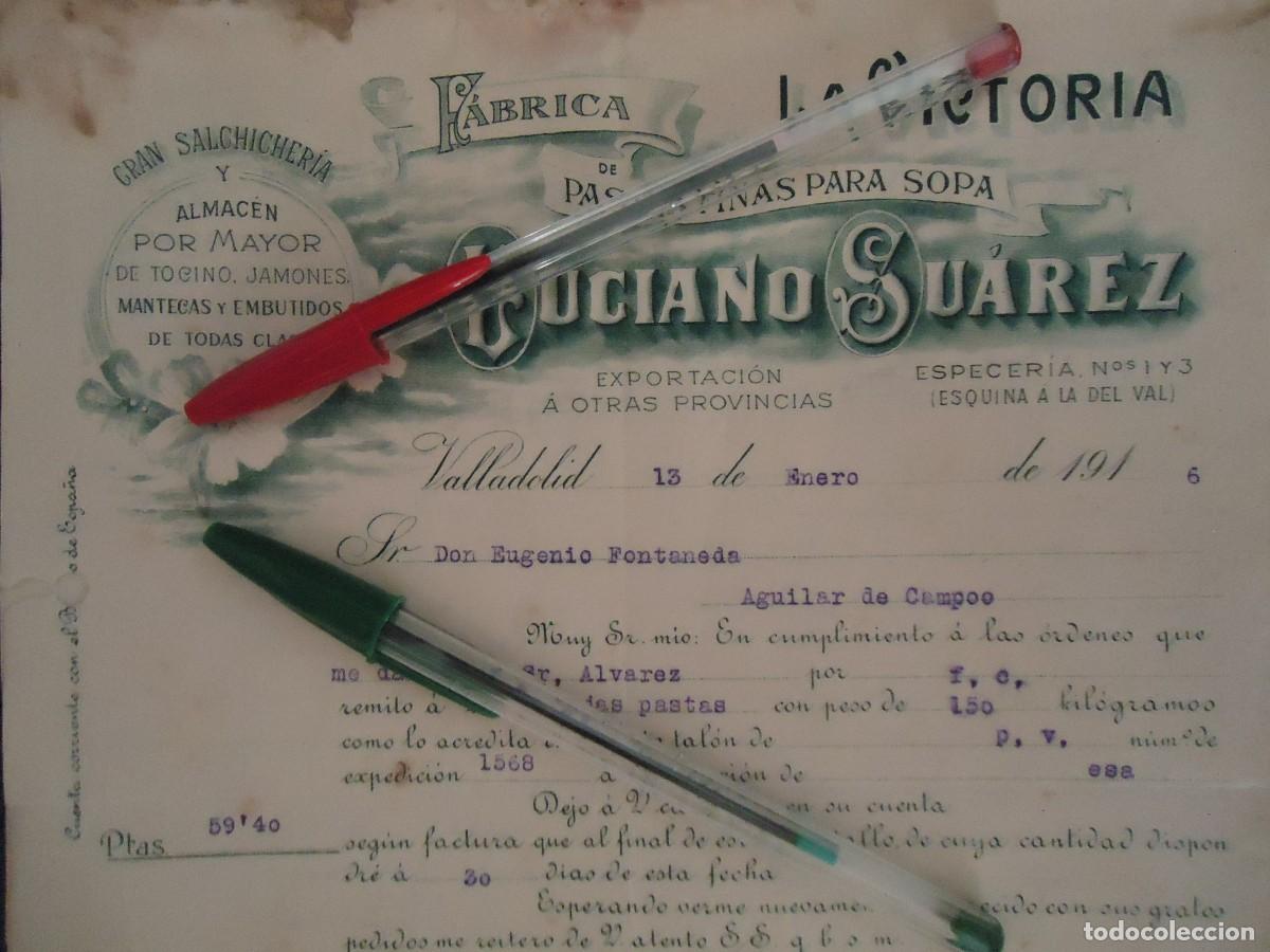 Facturas antiguas: la victoria suarez valladolid 1913 pasta sopa embutido jamon manteca tocino salchicha vallisoletano