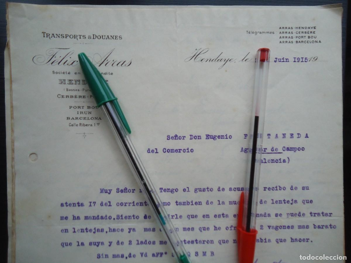 Facturas antiguas: transportes arras 1915 hendaya hendaye bayona aduana irun aquitania pais vasco frances euskadi