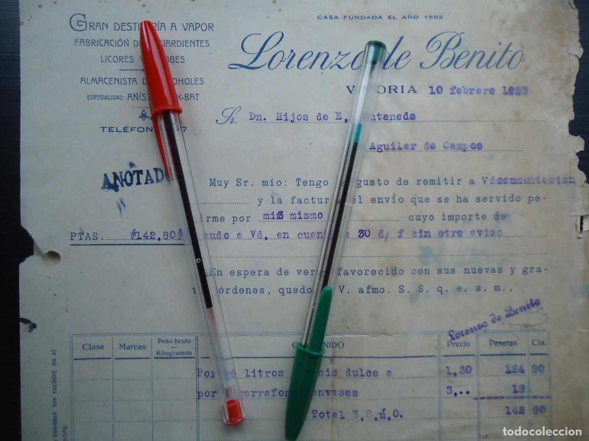 Facturas antiguas: destileria vapor licor lorenzo benito vitoria alava 1923 alcohol anis laurak-bat aguardiente alaves