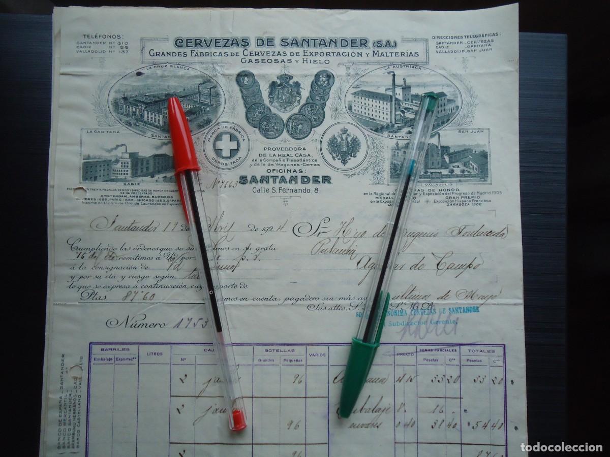 Facturas antiguas: cervezas santander 1924 gaseosa hielo cantabria monta&ntilde;esa santanderino proveedor real casa cantabra