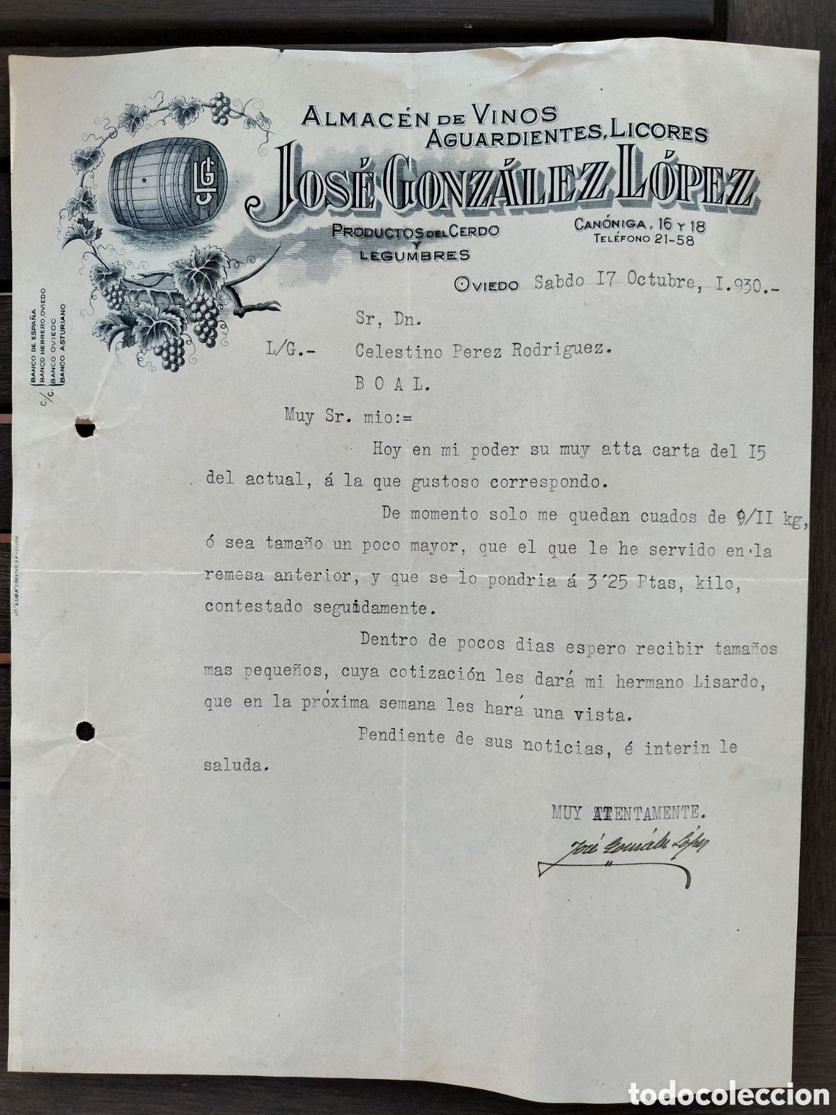 Facturas antiguas: Oviedo. Almac&eacute;n de Vinos, Aguardientes y Licores Jos&eacute; Gonz&aacute;lez L&oacute;pez. 1930