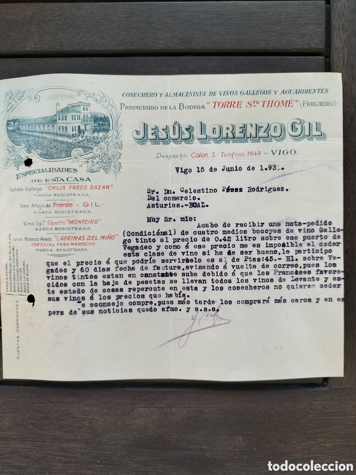 Facturas antiguas: Vigo. Factura de Jes&uacute;s Lorenzo Gil. 1931.