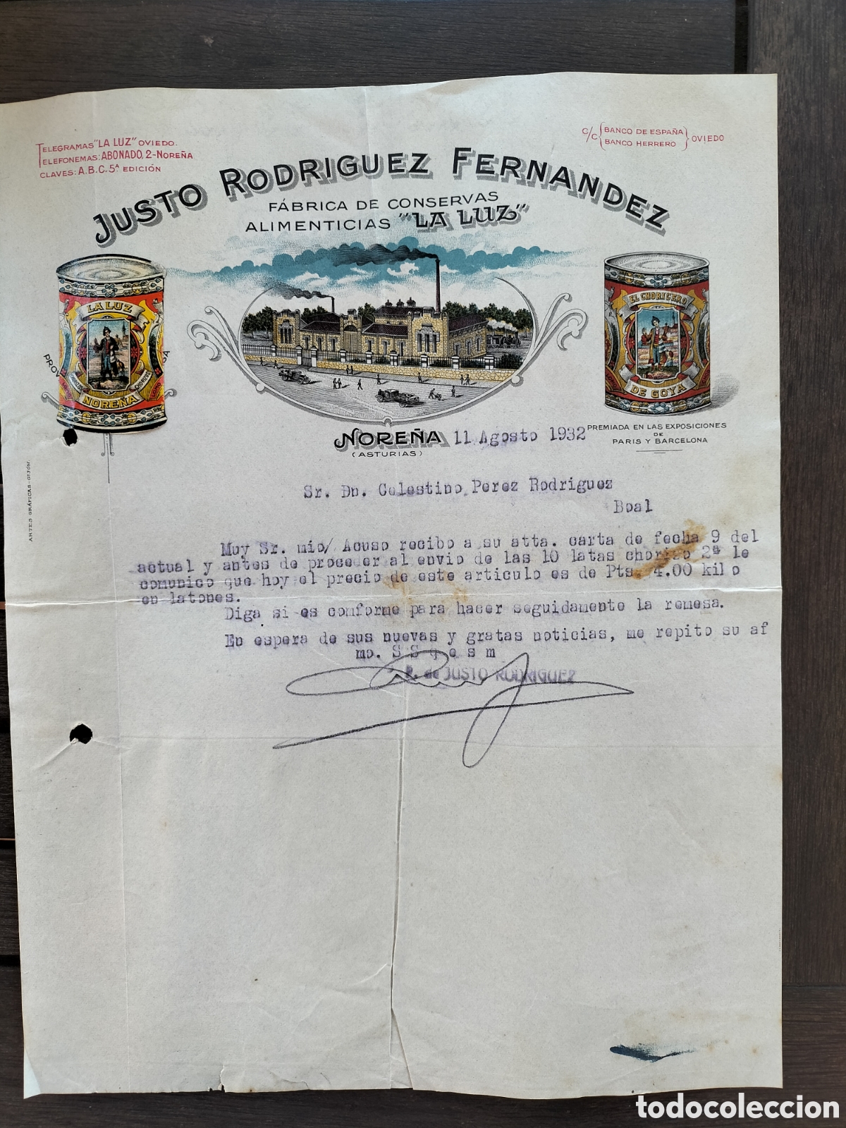 Facturas antiguas: Asturias, Nore&ntilde;a. Bonita Factura de Justo Rodr&iacute;guez Fern&aacute;ndez. 1932.