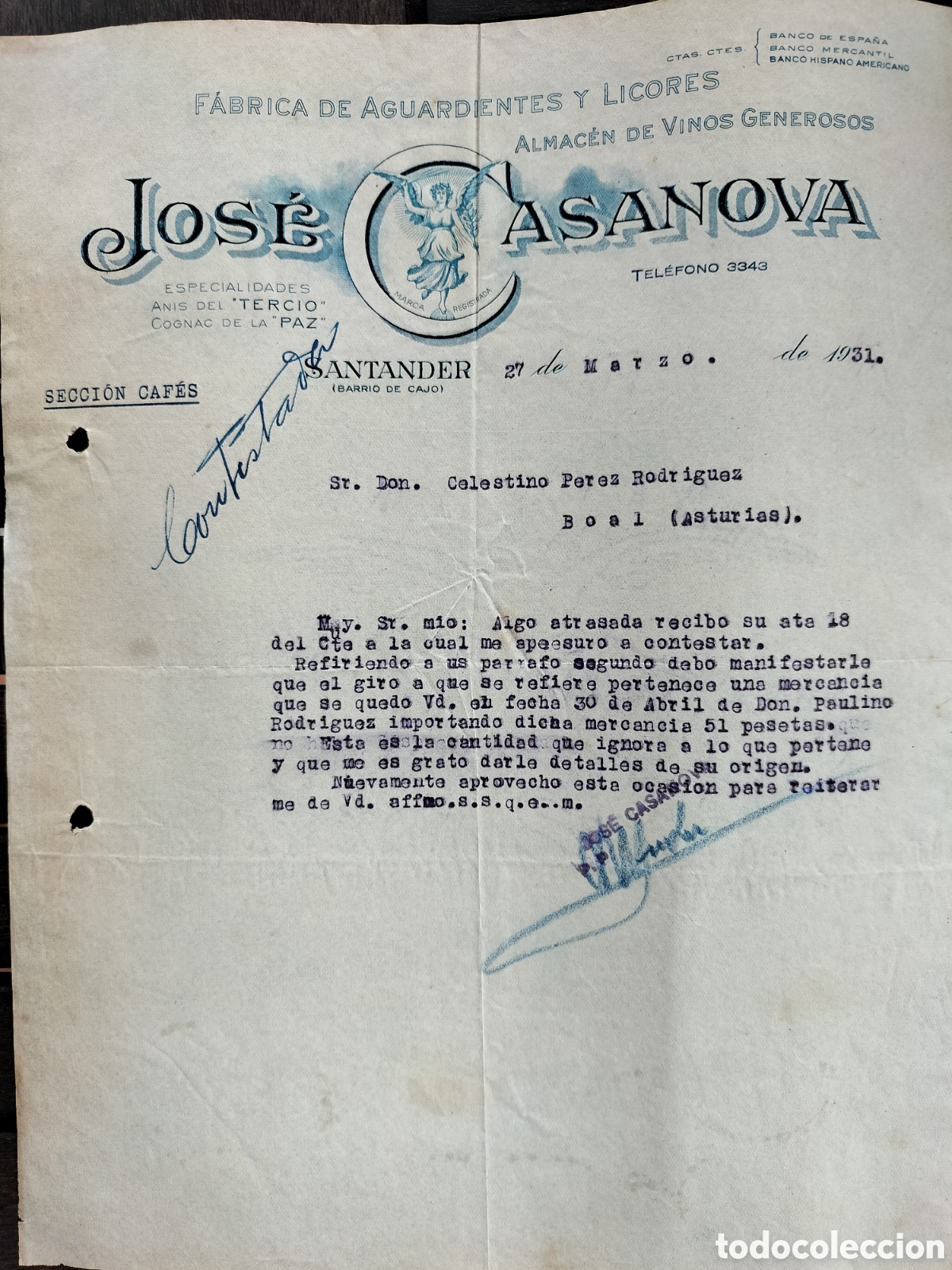 Facturas antiguas: Santander. Jos&eacute; Casanova. Fabrica de Aguardientes y Licores. 1931.