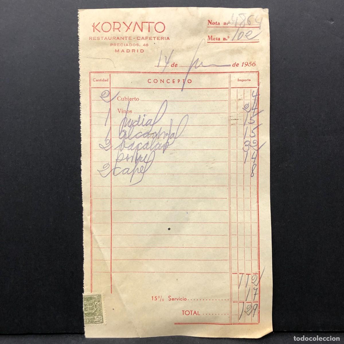 Fatture antiche: FACTURA COMERCIAL - KORYNTO RESTAURANTE CAFETERIA - MADRID - RAR&Iacute;SIMO / 5284