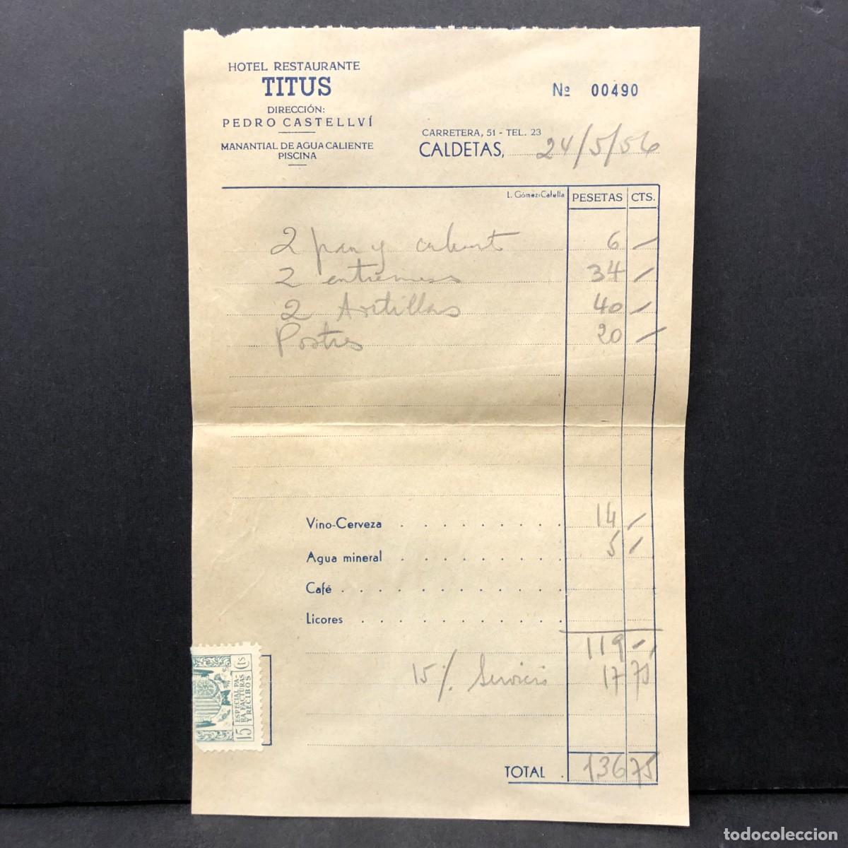 Alte Rechnungen: RECIBO - HOTEL RESTAURANTE TITUS - PEDRO CASTELLV&Iacute; - CALDETAS - MANANTIAL DE AGUA CALIENTE / 5287
