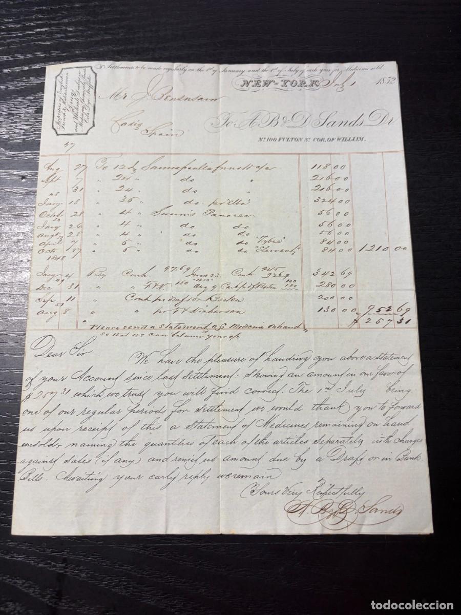 Facturas antiguas: ESTADO DE CUENTA DE MEDICAMENTOS A. B. & D. SANDS &ndash; NUEVA YORK-C&Aacute;DIZ &ndash; 1852
