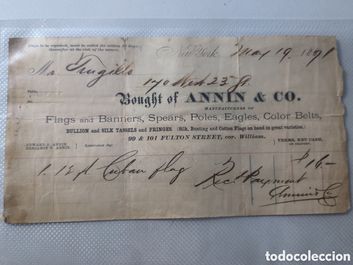 Facturas antiguas: Cuba, guerra de cuba,recibo por una bandera cubana al patriota Enrique Trujillo,a&ntilde;o 1871