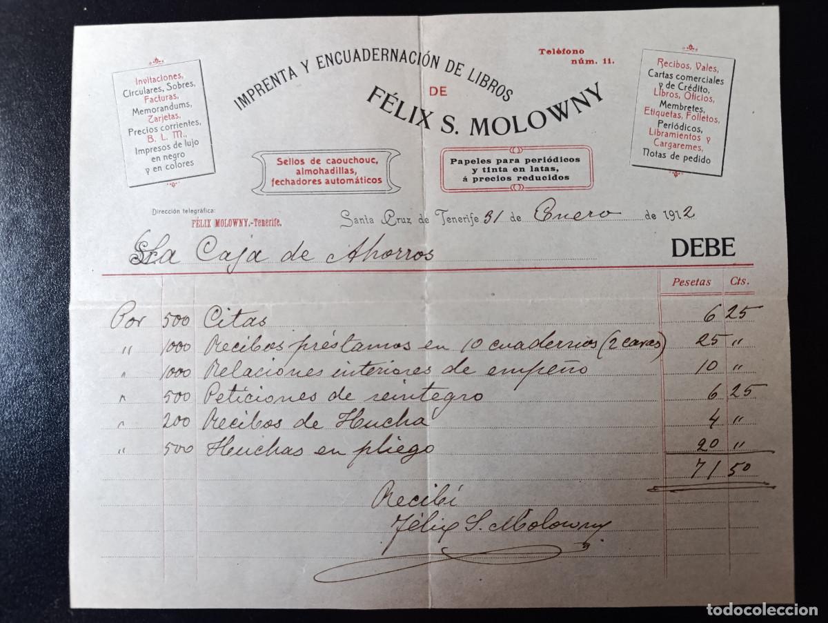 Facturas antiguas: FACTURA IMPRENTA &rdquo;FELIX S. MOLOWNY&rdquo;. MANUSCRITA Y FIRMA ORIGINAL. &Uacute;NICA EN TODOCOLECCI&Oacute;N. A&Ntilde;O 1912.
