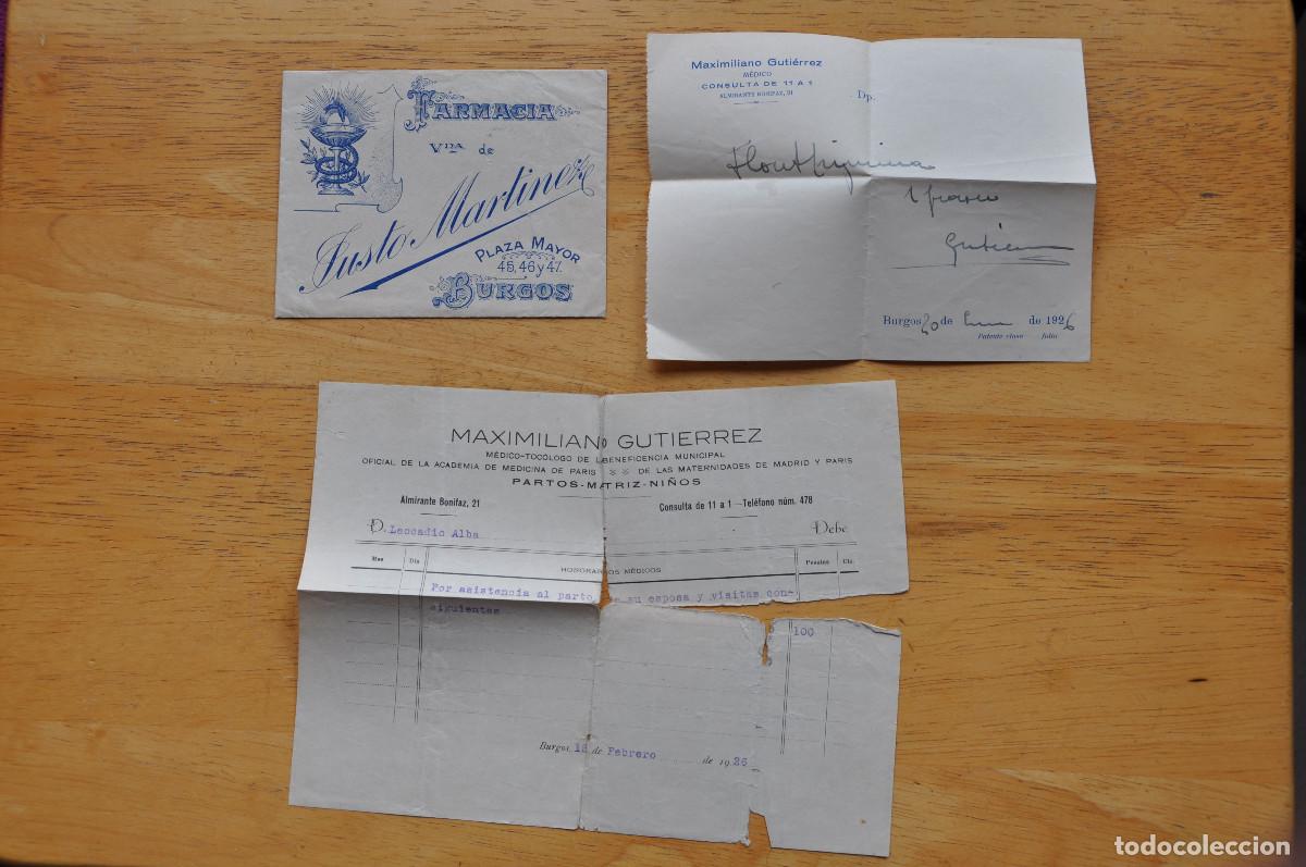 Facturas antiguas: FARMACIA VIUDA DE JUSTO MARTINEZ-PLAZA MAYOR DE BURGOS 45,46 Y 47 -SOBRE CON RECETA Y FACTURA (1926)