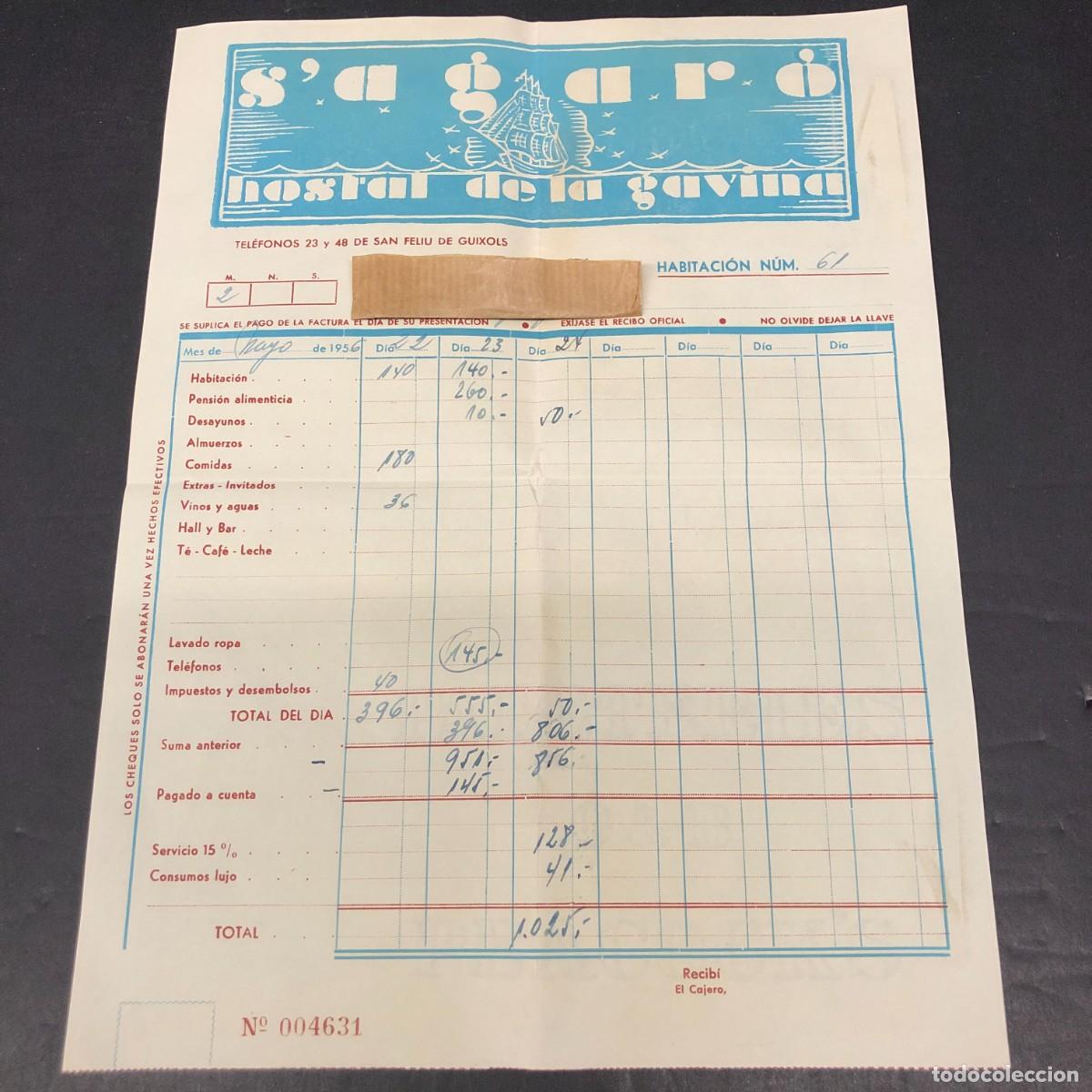 Facturas antiguas: S'AGAR&Oacute; - HOSTAL DE LA GAVINA - SAN FELIU DE GUIXOLS - FACTURA COMERCIAL - A&Ntilde;O 1956 - RAR&Iacute;SIM / 5295