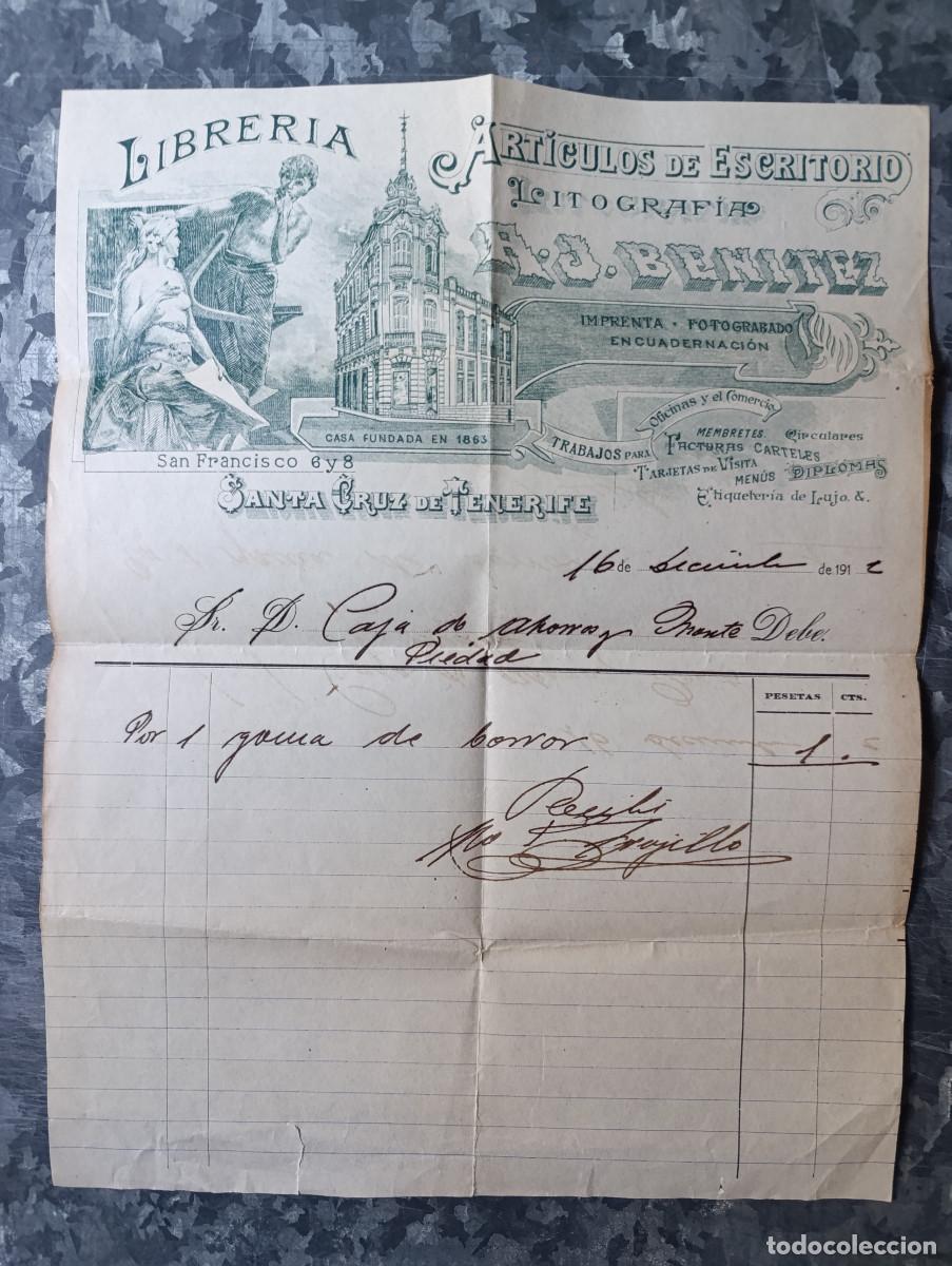 Facturas antiguas: FACTURA MODERNISTA &rdquo;LITOGRAF&Iacute;A - PAPELER&Iacute;A A. J. BENITEZ&rdquo; SANTA CRUZ DE TENERIFE. 16 DICIEMBRE 1912.