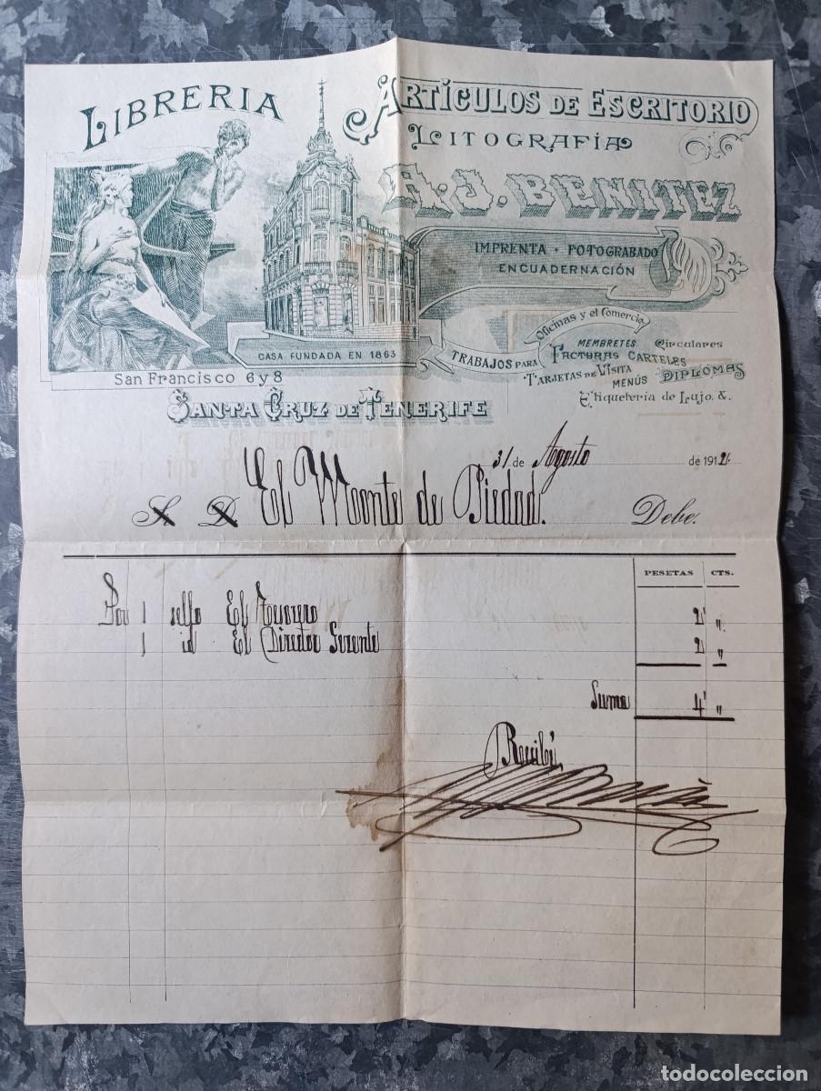 Facturas antiguas: FACTURA MODERNISTA &rdquo;LITOGRAF&Iacute;A - PAPELER&Iacute;A A. J. BENITEZ&rdquo; SANTA CRUZ DE TENERIFE. 31 AGOSTO 1912.