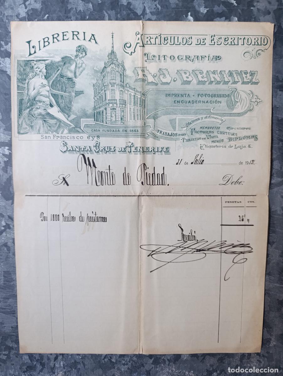 Facturas antiguas: FACTURA MODERNISTA &rdquo;LITOGRAF&Iacute;A - PAPELER&Iacute;A A. J. BENITEZ&rdquo; SANTA CRUZ DE TENERIFE. 31 JULIO 1912.