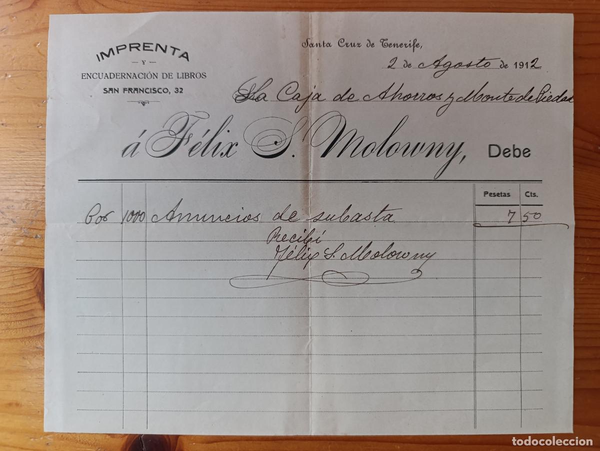 Facturas antiguas: FACTURA IMPRENTA &rdquo;FELIX S. MOLOWNY&rdquo;. MANUSCRITA Y CON FIRMA ORIGINAL. 02 DE AGOSTO DE 1912. A1
