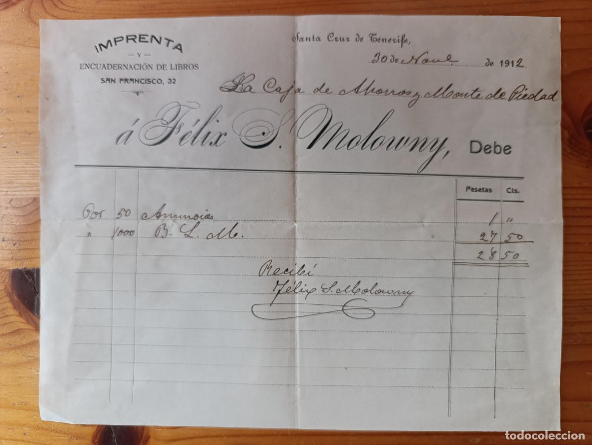 Facturas antiguas: FACTURA IMPRENTA &rdquo;FELIX S. MOLOWNY&rdquo;. MANUSCRITA Y CON FIRMA ORIGINAL. 20 DE NOVIEMBRE DE 1912. A1
