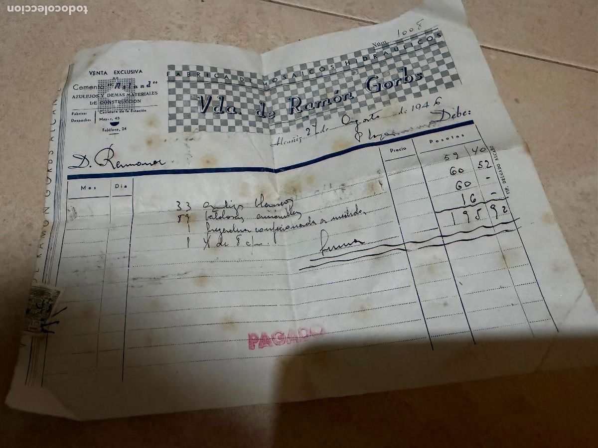 Facturas antiguas: Factura mosaicos hidr&aacute;ulicos vda Ramon gorbs 1946