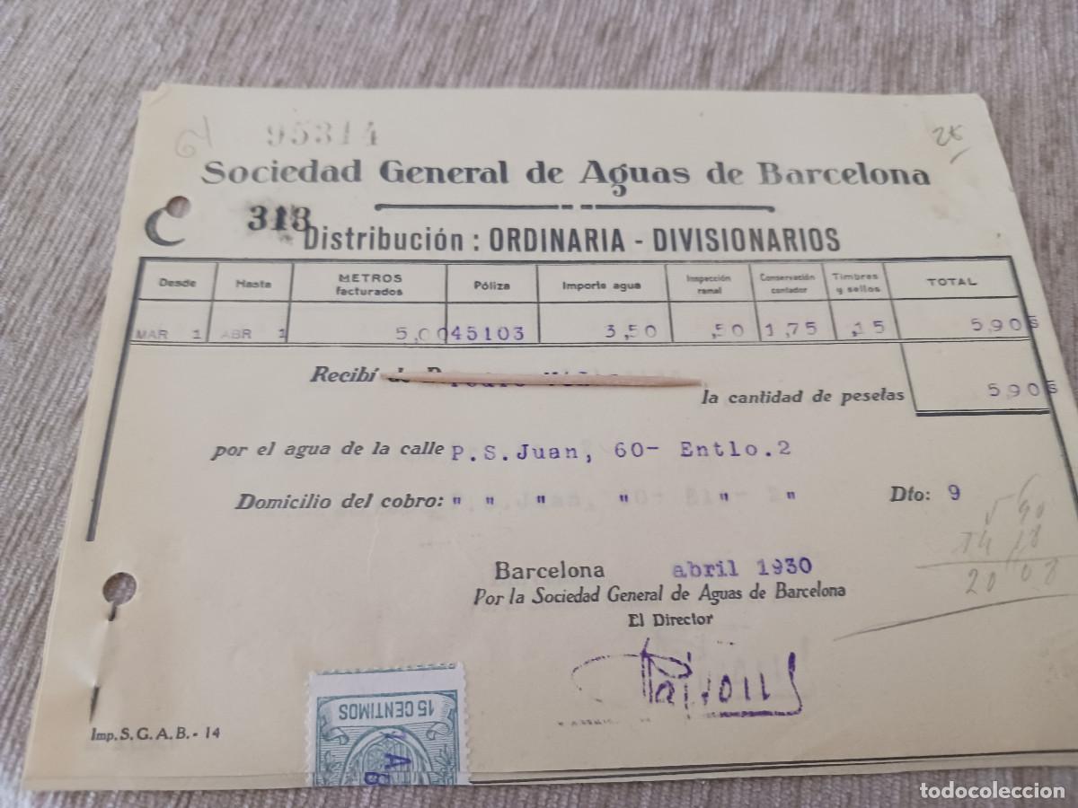 Facturas antiguas: SOCIEDAD GENERAL DE AGUAS DE BARCELONA DISTRIBUCI&Oacute;N ORDINARIA DIVISIONARIOS 1930