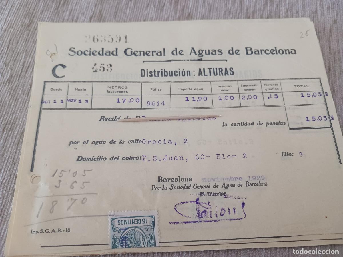 Facturas antiguas: SOCIEDAD GENERAL DE AGUAS DE BARCELONA DISTRIBUCI&Oacute;N alturas 1929