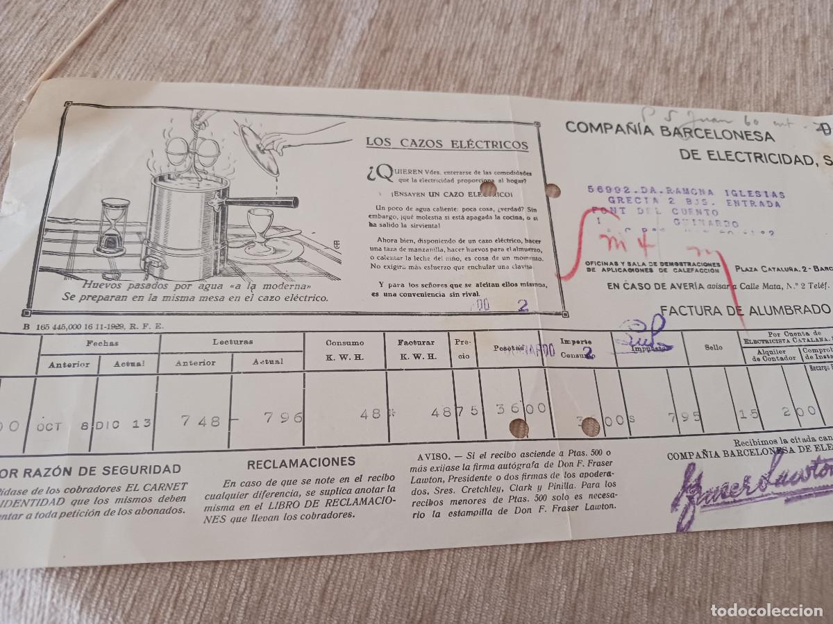 Facturas antiguas: compa&ntilde;ia barcelonesa de electricidad 1929, publicidad de los cazos electricos