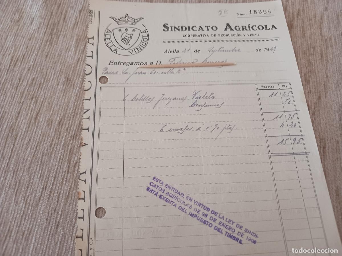 Facturas antiguas: ANTIGUA FACTURA SINDICATO AGRICOLA D'ALELLA. BARCELONA 1929