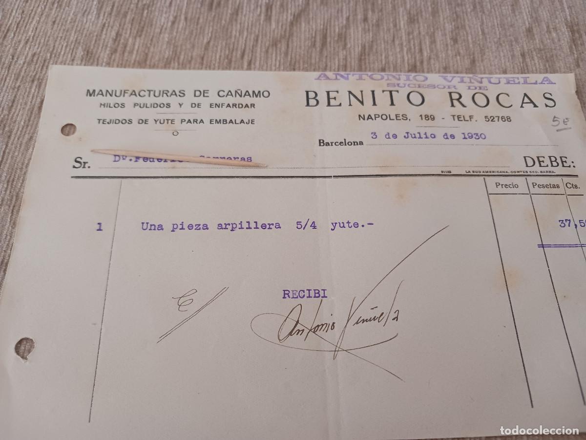Facturas antiguas: ANTIGUA FACTURA, ANTONIO VI&Ntilde;UELAS, SUCESOR DE BENITO ROCAS, MANUFACTURAS DE CA&Ntilde;AMO 1930