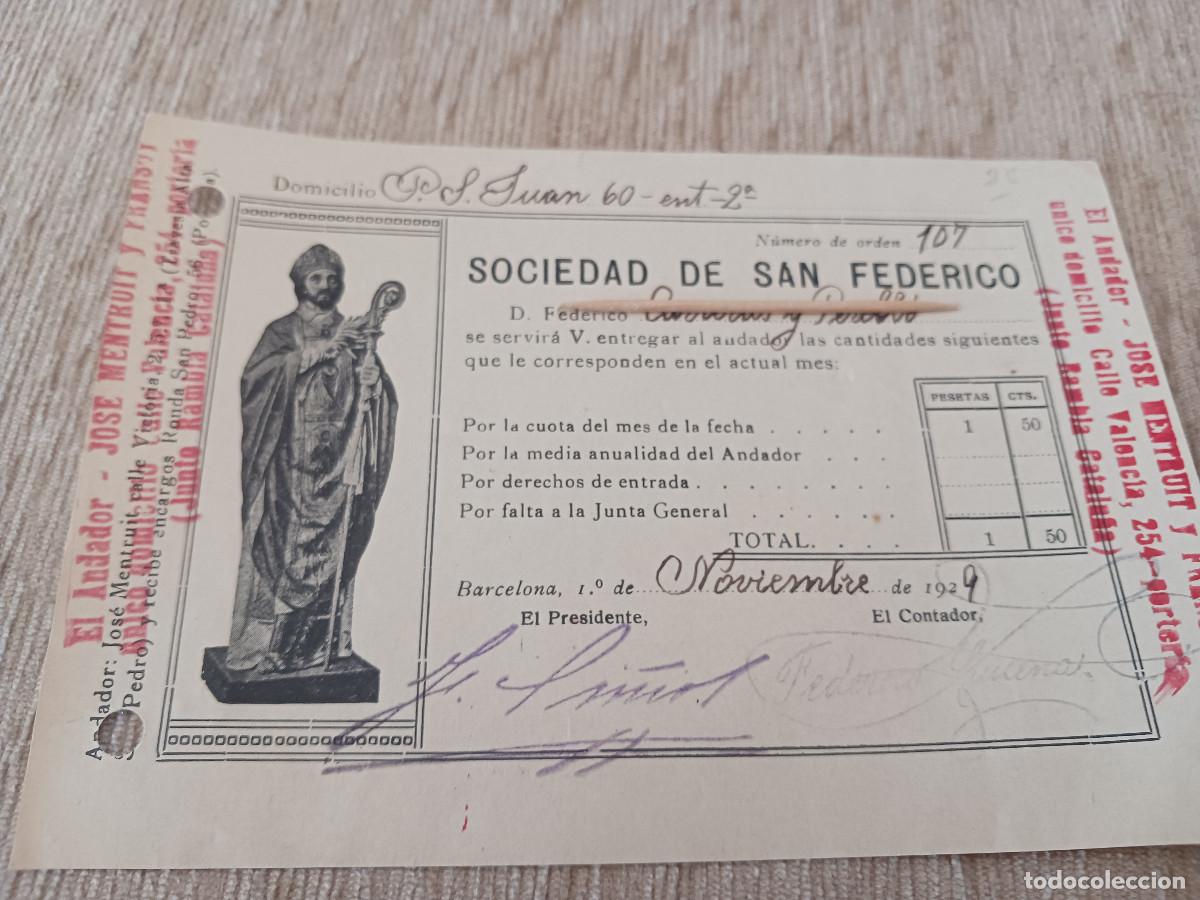 Facturas antiguas: Recibo mensual de la sociedad de san federico, con sello del andador, barcelona 1929